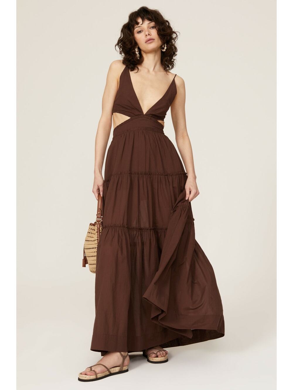 Bec + Bridge Carla Brown Cutout V-Neck Sleeveless Tiered Maxi Dress Size 8 - Picture 1 of 16